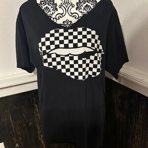 Graphic Black Tee with Checkered Lips